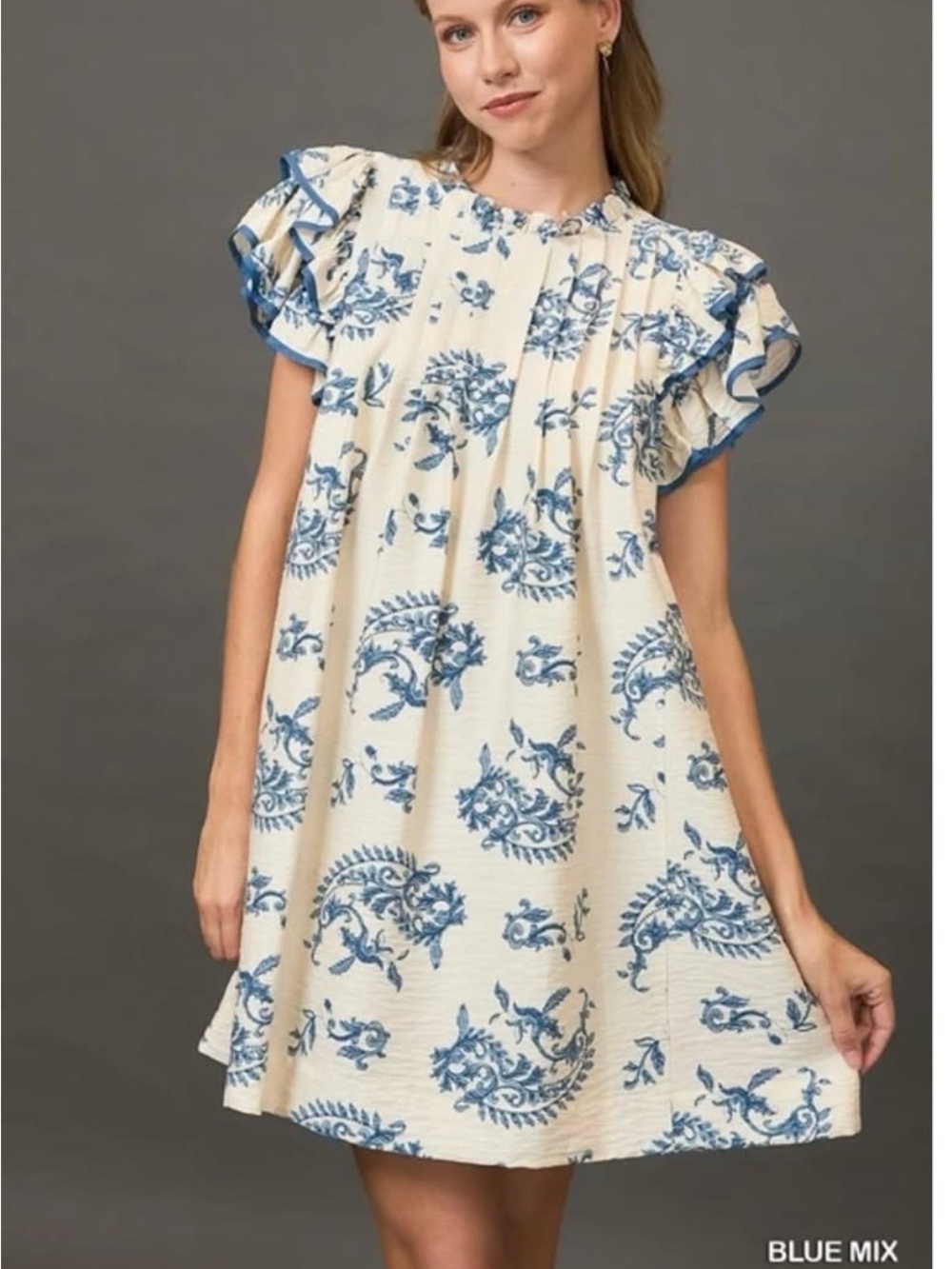 Umgee Cream Dress with Blue Floral Print